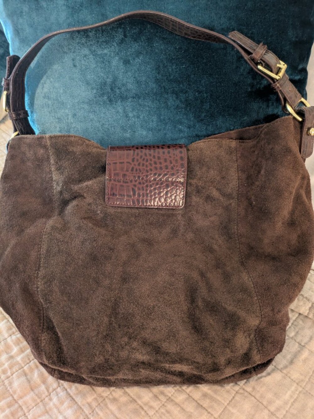VTG Lauren Ralph Lauren Brown Suede Hobo Bag Croc Leather Buckle. - Picture 2 of 6